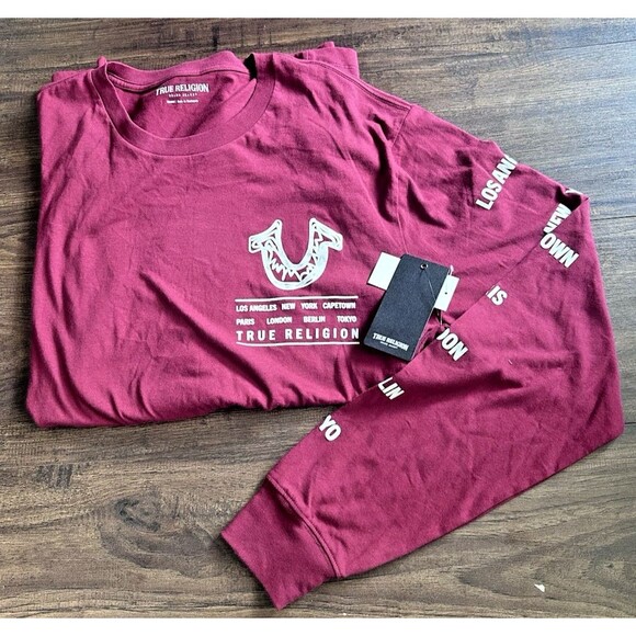 True Religion Men's Long Sleeve Logo Tour Graphic T-Shirt Burgundy Red XXL - Picture 4 of 7